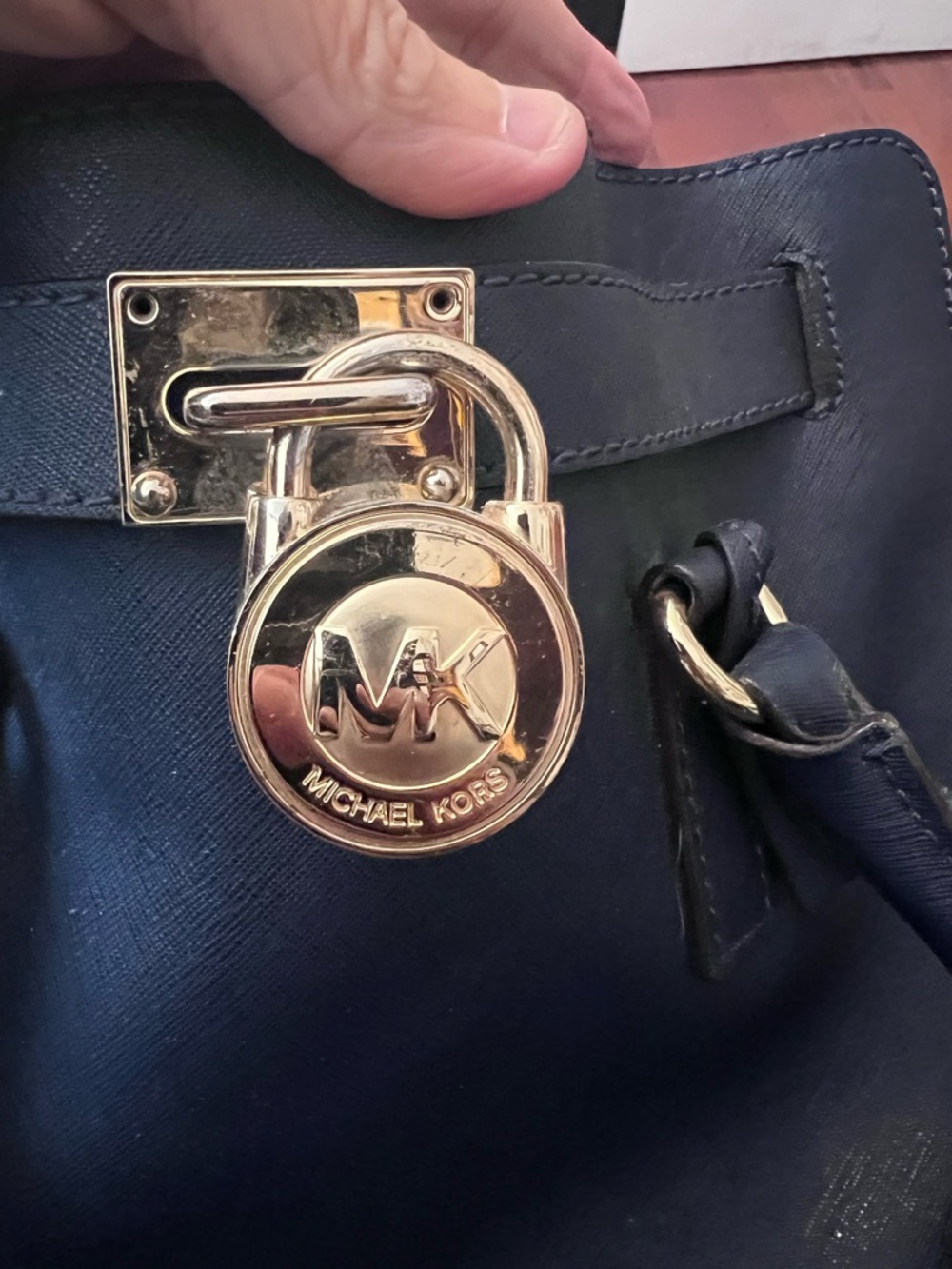 Michael Kors Navy Tote with Gold MK Padlock Accent